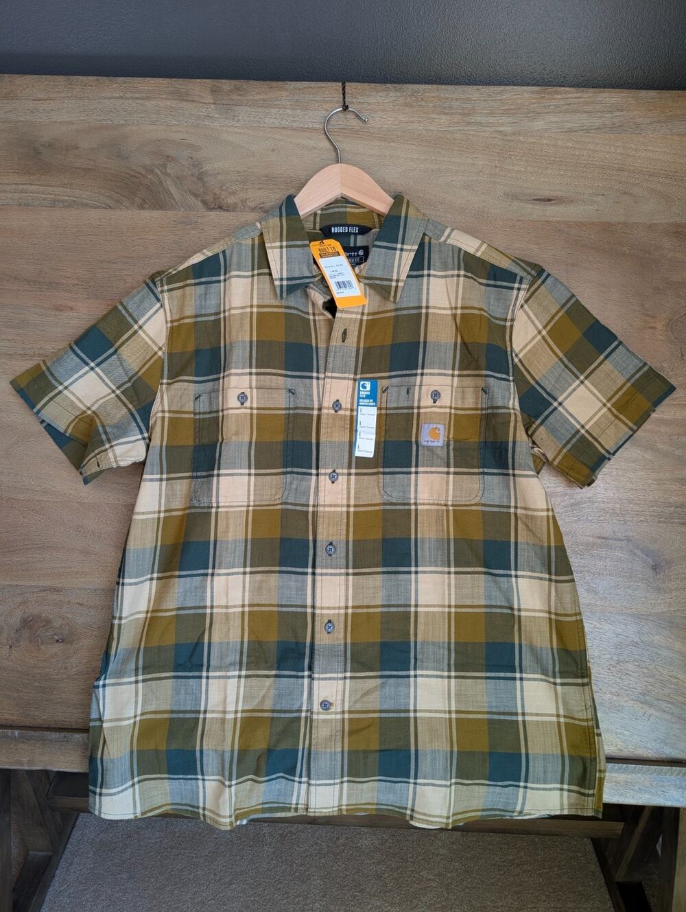Carhartt Shirt Men Large Brown Green Plaid Rugged Flex Relaxed Fit Button Up NWT